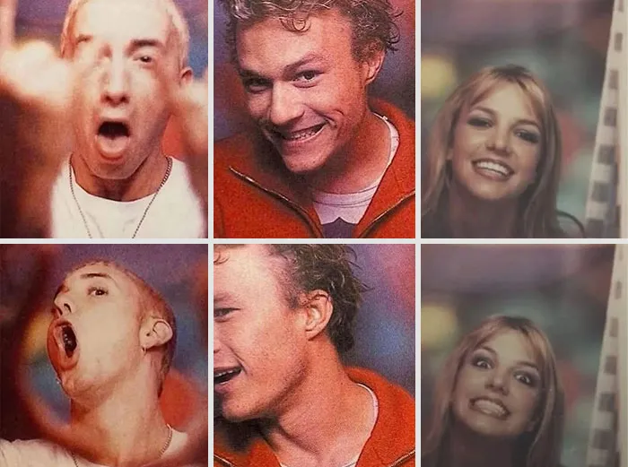 Collage of six nostalgic ’90s photos showing three young people smiling and making expressive faces.