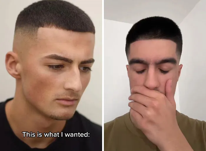 Side-by-side images showing a young man’s haircut expectations versus a haircut disaster traumatizing his locks.