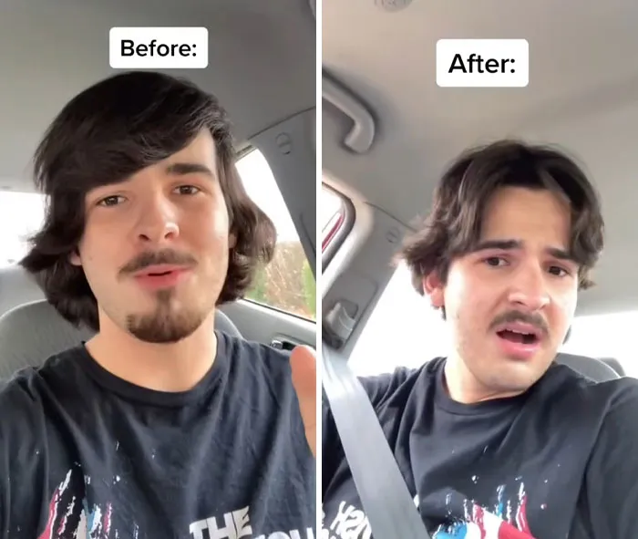 Young man showing before and after photos of a traumatic haircut experience by a hairdresser in a car.
