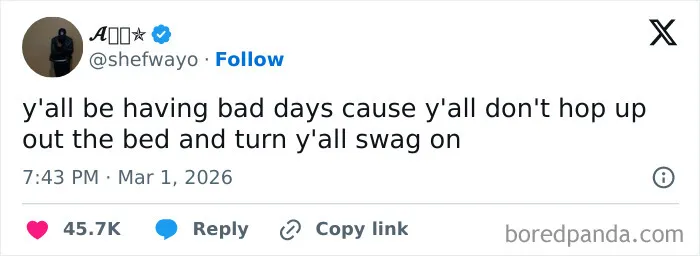 Screenshot of a funny tweet about bad days and turning on swag, capturing US internet humor and viral tweet culture.