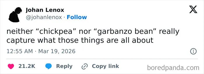Tweet by Johan Lenox humorously discussing chickpea and garbanzo bean names, reflecting funny US tweets that had the internet laughing.