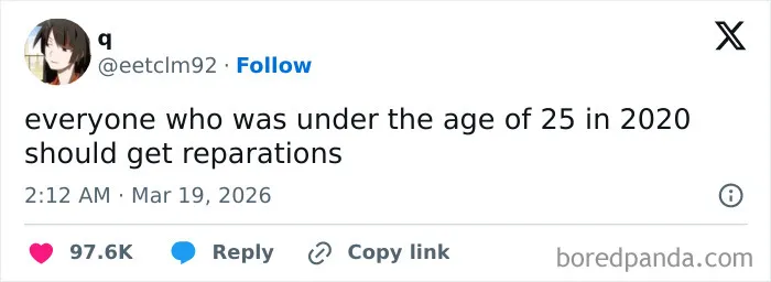 Tweet about reparations for those under 25 in 2020, part of funny US tweets that had the internet laughing.