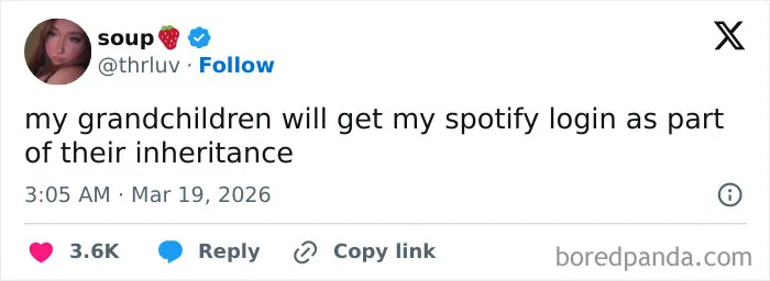 Screenshot of a funny tweet about Spotify login as inheritance, part of viral US funny tweets that had the internet laughing.