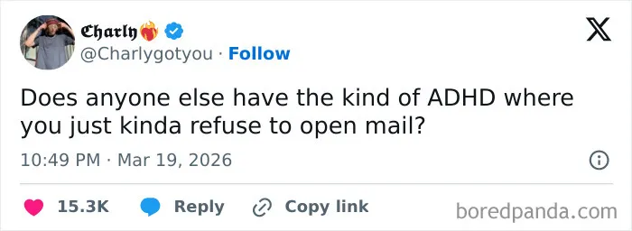 Screenshot of a funny tweet about ADHD and avoiding opening mail, part of viral US humor tweets trending online.