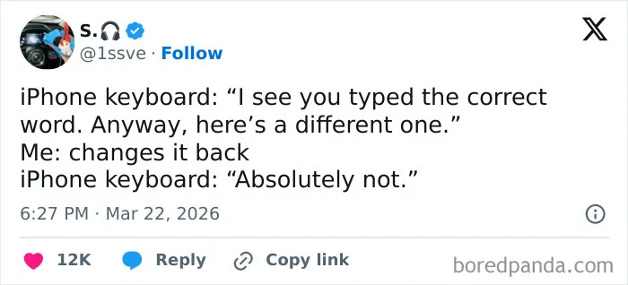 Screenshot of a humorous tweet about iPhone keyboard autocorrect, part of funny tweets about the US on Twitter.