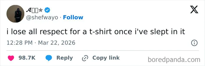 Screenshot of a funny tweet about losing respect for a t-shirt, reflecting humor shared in US internet culture.