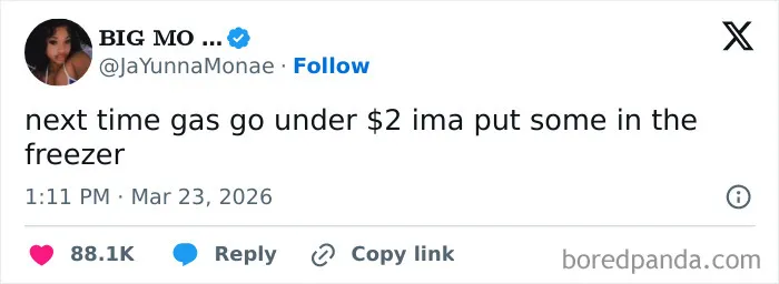 Screenshot of a funny tweet about gas prices, featuring humor related to the US internet laughter in March.