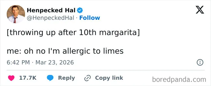Tweet humor about the US, with a user joking about being allergic to limes after drinking margaritas.