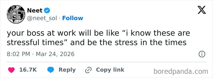 Screenshot of a funny tweet about stressful times, part of viral US humor tweets that had the internet laughing all March.