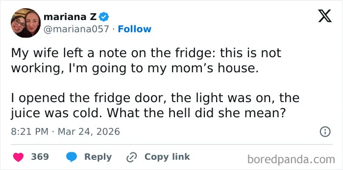 Screenshot of a funny tweet about a confusing fridge note, highlighting US humor that had the internet laughing all March.