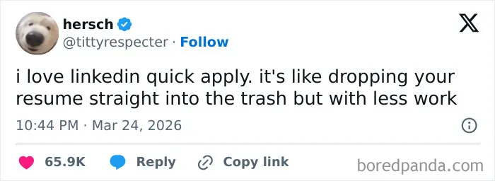 Screenshot of a funny tweet about job applications, illustrating US humor trending in viral tweets all March.