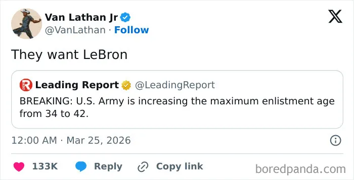 Tweet by Van Lathan Jr joking about US Army raising enlistment age, part of funny tweets about the US online humor.