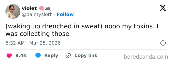Screenshot of a funny tweet about toxins and sweat from a collection of US funny tweets shared online.