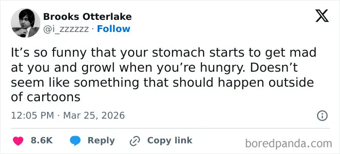 Tweet about stomach growling when hungry, showcasing humor that contributed to funny tweets about the US internet laughs.