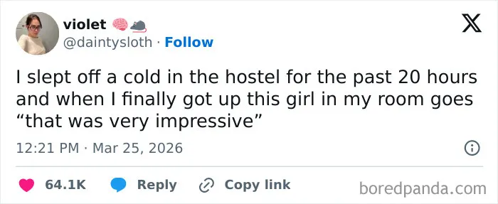 Tweet about sleeping off a cold in a hostel, reflecting humorous moments from funny tweets about the US.