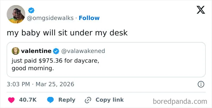 Screenshot of funny tweets about high daycare costs and parenting humor that made the internet laugh in March.