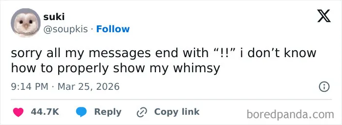 Funny tweet about whimsy by user suki with 44.7K likes, illustrating the humor trending on US internet in March.