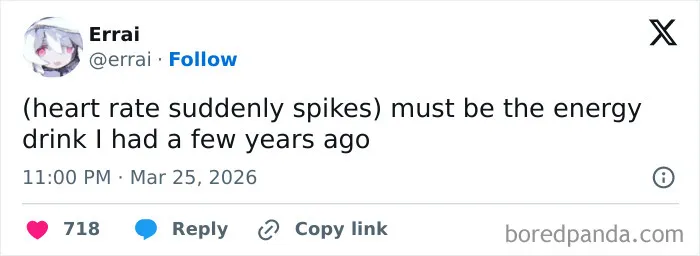 Screenshot of a funny tweet about energy drinks illustrating the US internet humor trending in March 2026.
