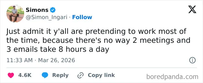 Tweet humor about work pretending and long meetings, reflecting on how the US doesn’t feel like a real place for many.