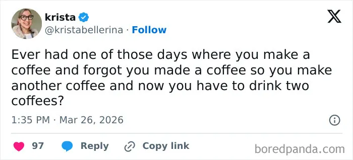 Screenshot of a funny tweet about making and forgetting coffee, highlighting US humor trending on social media in March.