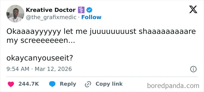 Tweet with humorous text about sharing a screenshot, highlighting funny tweets that had the internet laughing in the US.