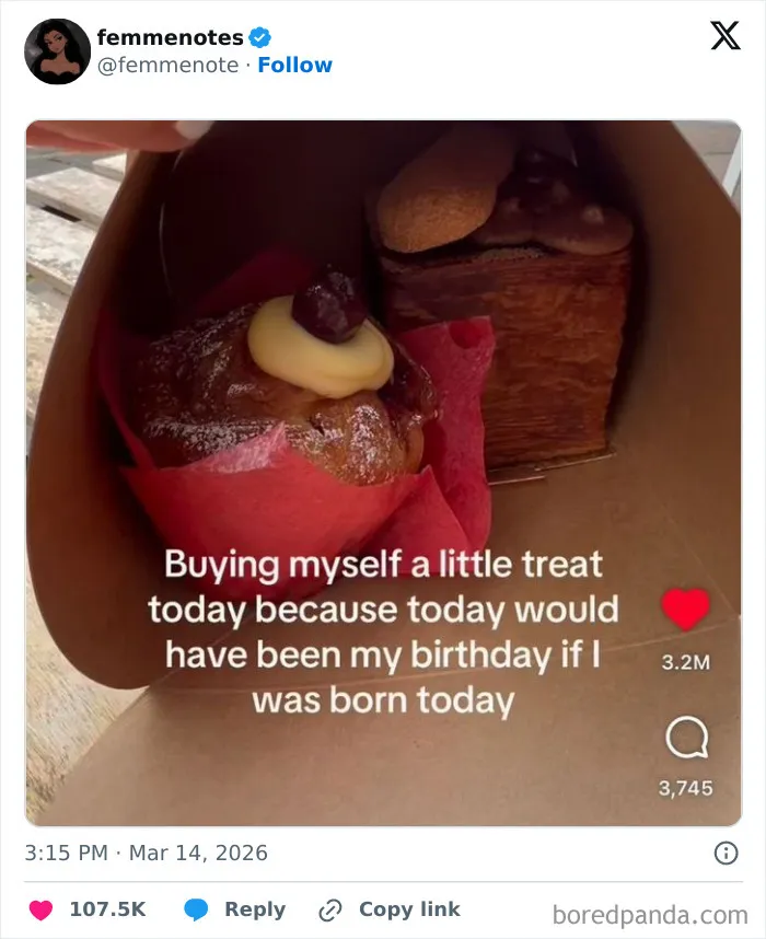 Tweet text on humorous birthday treat with pastries, illustrating funny tweets about the US from the internet in March.