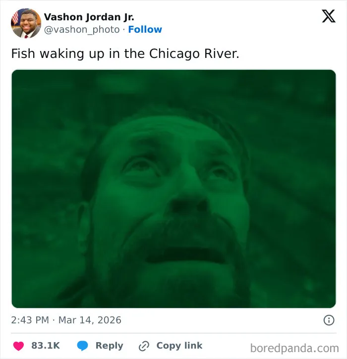 Tweet showing a man's face underwater with a humorous caption about fish waking up in the Chicago River in the US.
