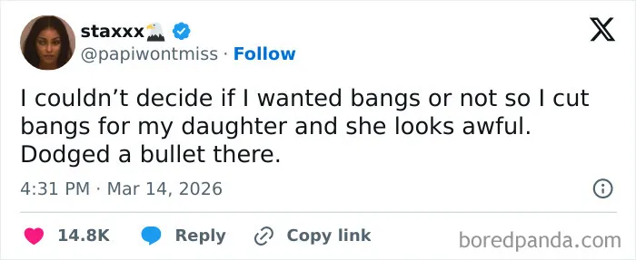 Screenshot of a humorous tweet about cutting bangs shared among funny US tweets making the internet laugh in March.