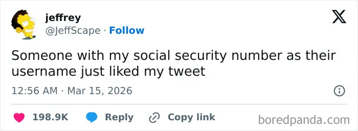 Screenshot of a humorous tweet about social security number misuse, related to funny tweets about the US online.