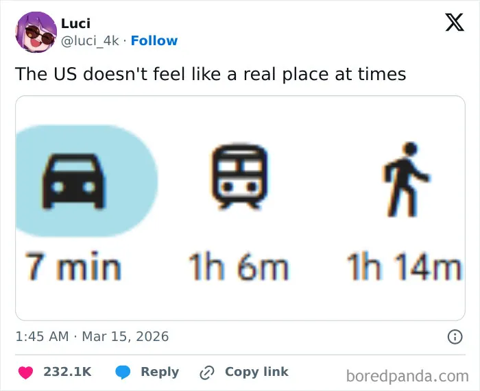 Screenshot of a tweet humorously showing US travel times by car, train, and walking with a comment on US feeling unreal.