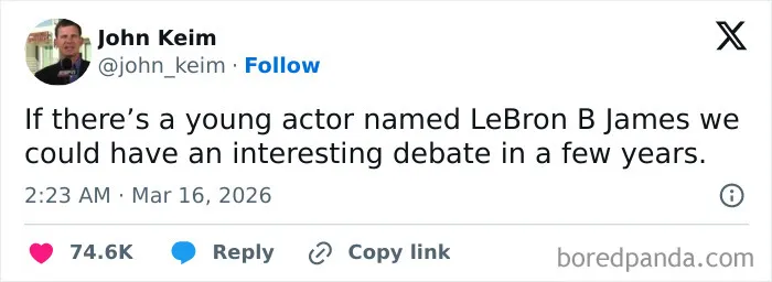 Screenshot of a funny tweet about a young actor named LeBron B James, showcasing viral humor about the US internet culture.