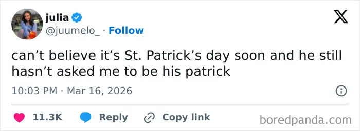 Tweet about St. Patrick’s Day humor, highlighting funny tweets that had the internet laughing across March.