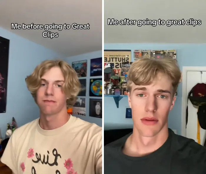 Side-by-side photos showing a young man’s hair before and after a problematic haircut at a Great Clips salon.