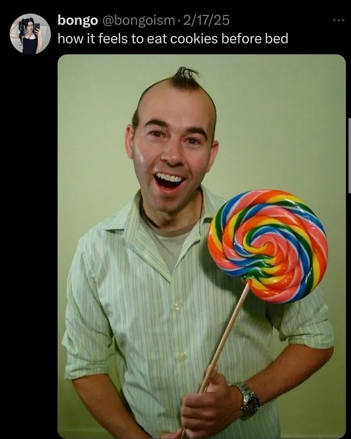 Man with a quirky hairstyle holding a large colorful lollipop, illustrating wild and unhinged posts humorously.