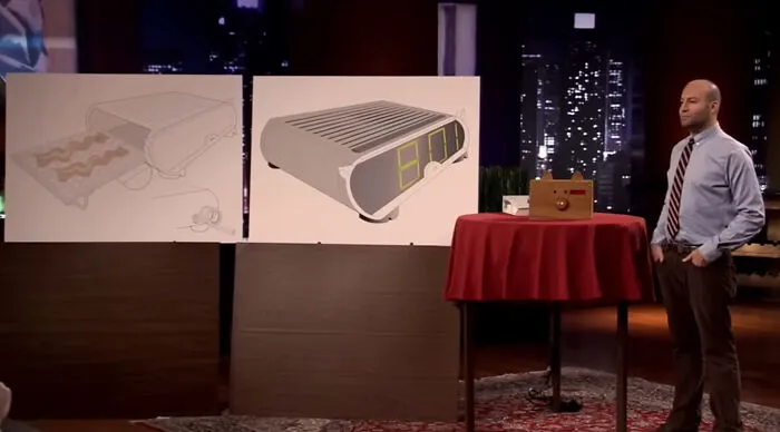 Wake 'n Bacon was a novelty alarm clock pitched by Matty Sallin during Season 2 of Shark Tank. The device was designed to wake users with the scent of sizzling bacon instead of a loud buzz. The inventor did not see any downside to the niche product.