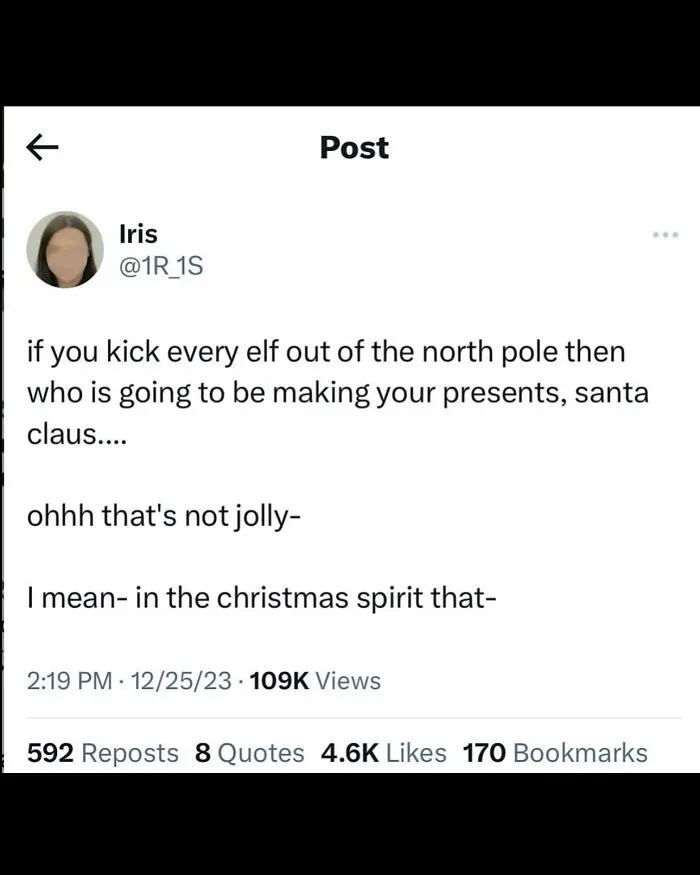 Screenshot of a wild social media post questioning who makes Santa’s presents without elves in a humorous unhinged post.