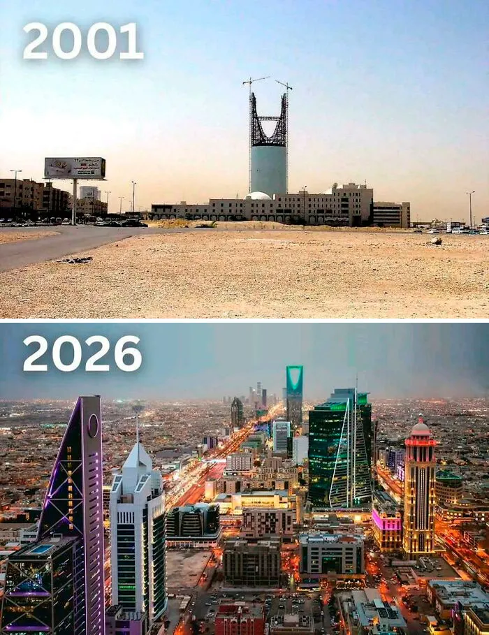 Comparison of urban hell transformation showing a barren desert in 2001 and a dystopian cityscape in 2026.