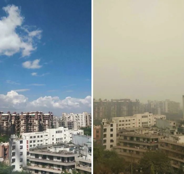 Side-by-side urban view showing clear sky versus smoggy pollution, illustrating dystopian urban hell and modern life impact.