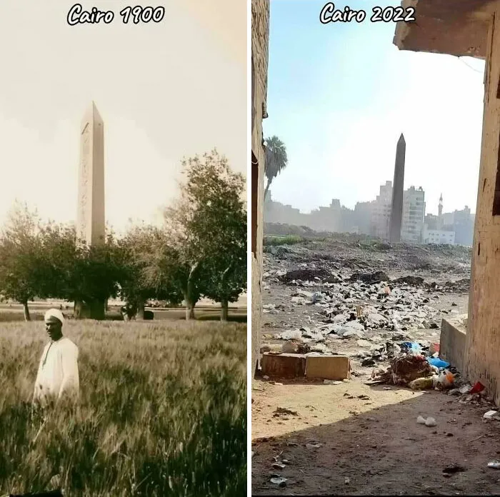Cairo comparison showing urban hell with green fields in 1900 and trash-filled land in 2022, illustrating dystopian modern life.
