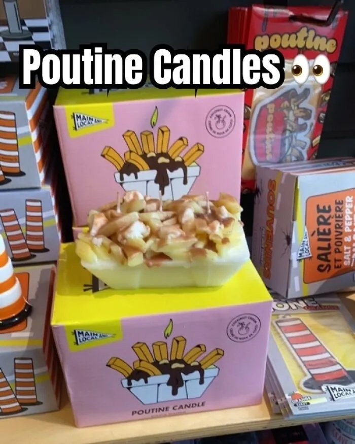 Poutine candle designed to look like Canadian poutine with fries, cheese curds, and gravy wax on display.