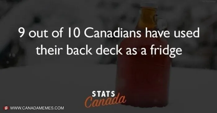 Funny Canada meme about Canadians using their back deck as a fridge shown with a bottle on a snowy outdoor table.