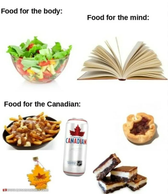 Bowl of poutine, Canadian beer can, and maple syrup representing iconic Canada memes and craving for poutine foods.