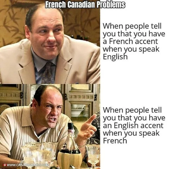 Man showing confused and frustrated expressions about French Canadian and English accent problems in Canada memes.