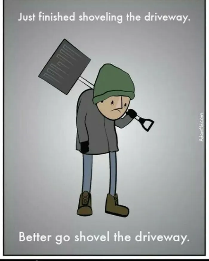 Cartoon of a tired person with a shovel, humorously showing endless driveway shoveling in Canada memes.