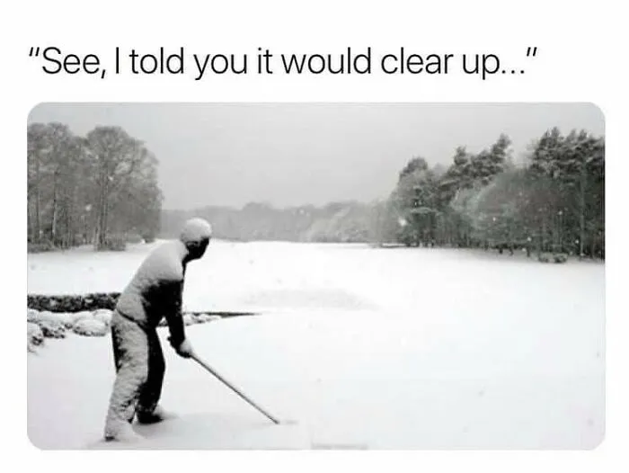 Man shoveling heavy snow in a snowy landscape, a funny Canada meme illustrating typical weather with poutine cravings.