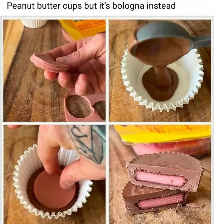 Hand making homemade peanut butter cup with bologna, showcasing food and eating memes for food lovers.