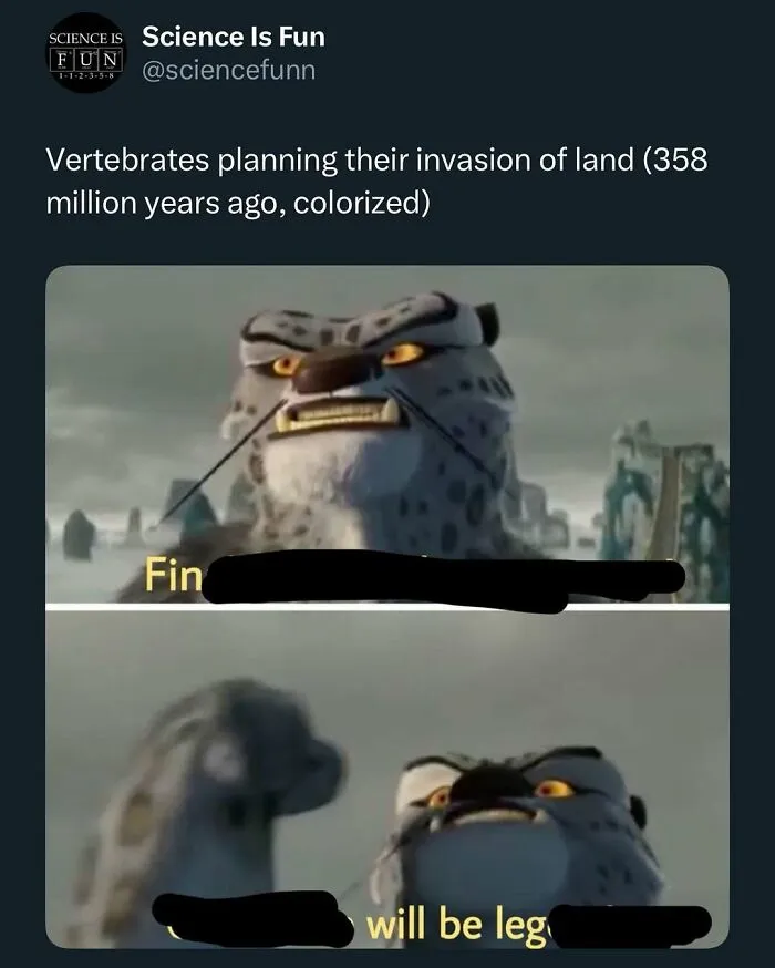 Animated character from Kung Fu Panda meme about vertebrates planning land invasion, highlighting science memes and posts.