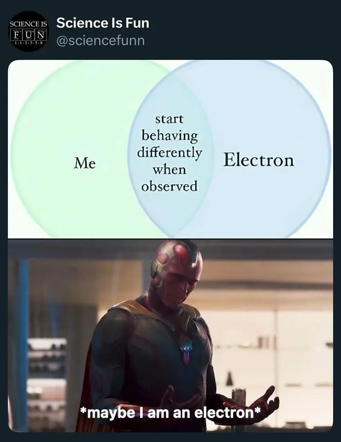 Venn diagram and superhero meme illustrating electron behavior and human reaction, featuring science memes and interesting posts.