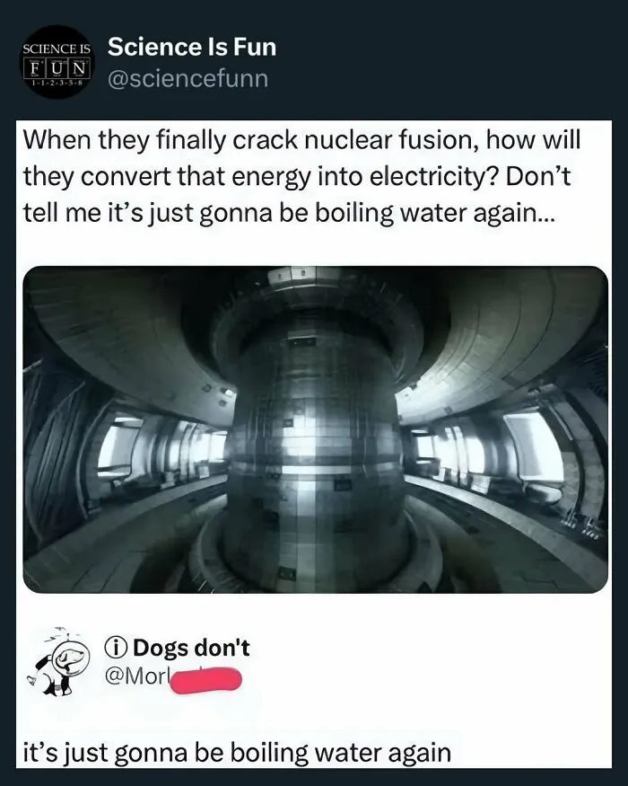 Meme about nuclear fusion and energy conversion with science humor, featured in science memes and interesting posts collection.