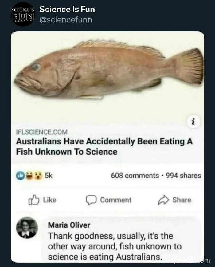 Social media post about science memes featuring a fish unknown to science and humorous comments.